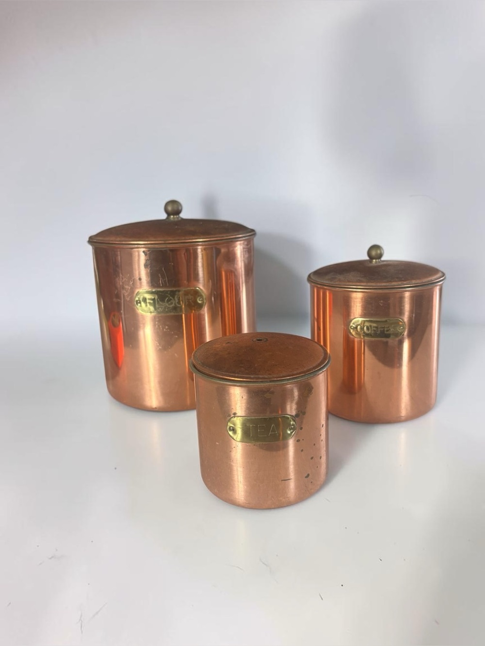 Vintage Copper Canister Set Made in Korea Flour Coffee Tea Brass Labels